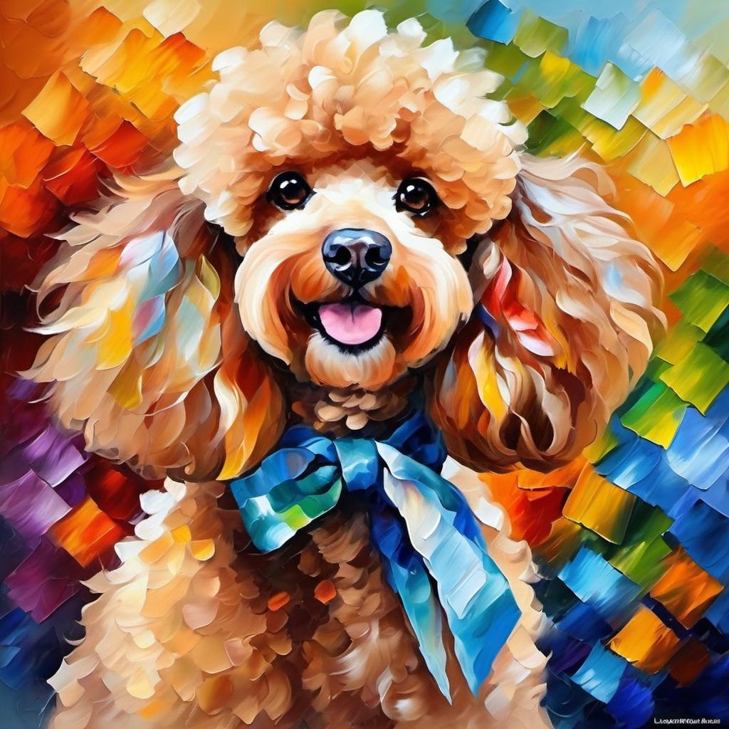 knife oil painting of poodle in the style of leonid afremov and degas, featuring vibrant, textured brushstrokes.