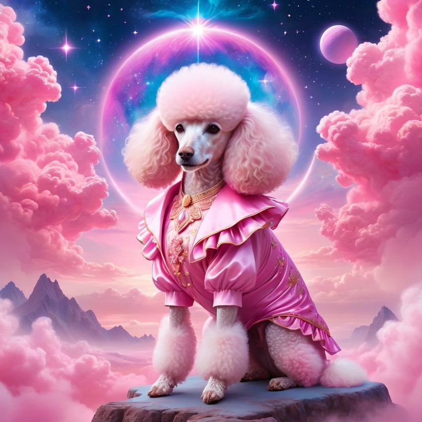 poodle in pink clothing, set in a beautiful pink scene with a dreamy, magical vibe.