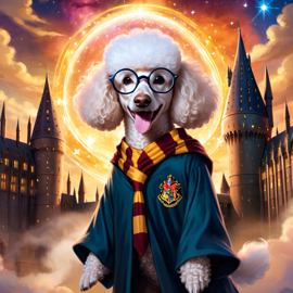 poodle as harry potter, with glasses and a magical hogwarts setting, evoking a celestial and epic feel.