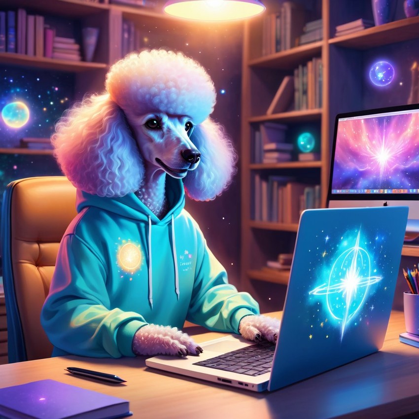 poodle as a programmer, working on a laptop in a hoodie, capturing a cute and magical moment.