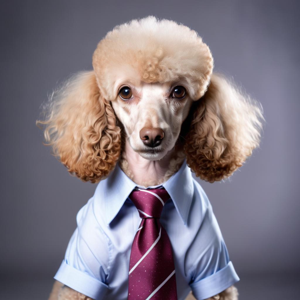 poodle in a stylish shirt and tie, with a diffused background, capturing their cute and professional side.