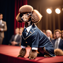 poodle in a classy suit on a fashion stage, showcasing elegance and charm in a highly detailed, epic scene.