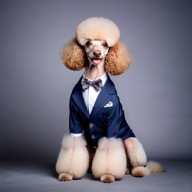 poodle in a stylish suit, posing against a diffused background, looking cute and professional.