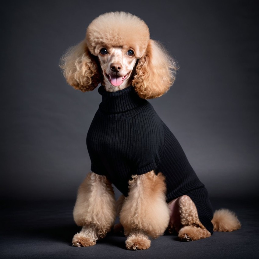 poodle in a black turtleneck, against a diffused background, looking cute and elegant.