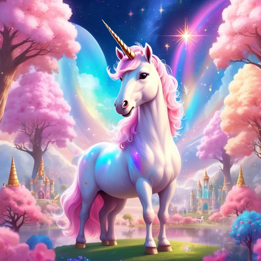 poodle as a unicorn in a magical fairytale environment, capturing an ethereal and majestic scene.