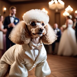 poodle in a beautiful wedding suit, capturing a cute and happy moment in a romantic environment.