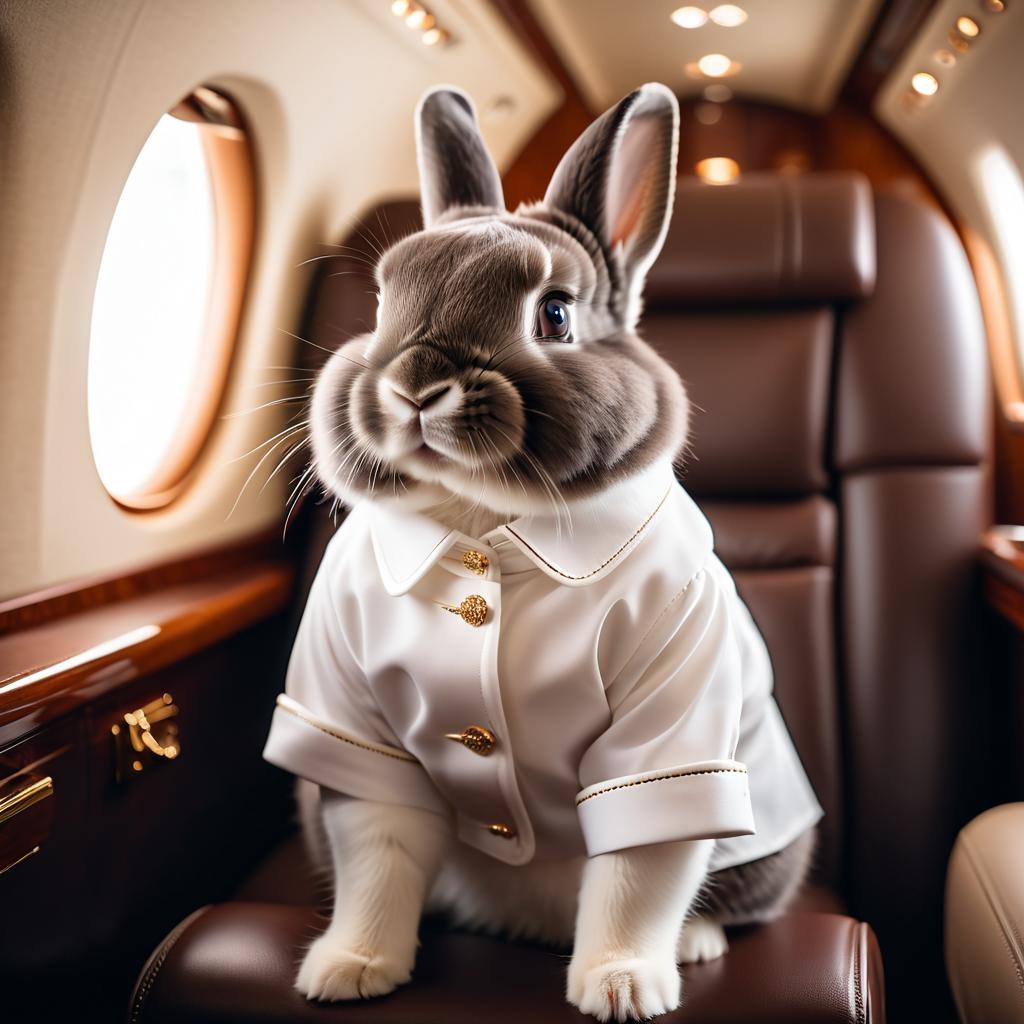 netherland dwarf rabbit in a gulfstream private jet, dressed in elegant clothing, capturing a posh and happy moment.