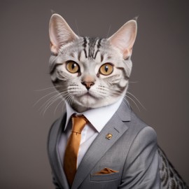 professional headshot of american shorthair cat wearing a stylish suit for a cv or linkedin, studio photo.