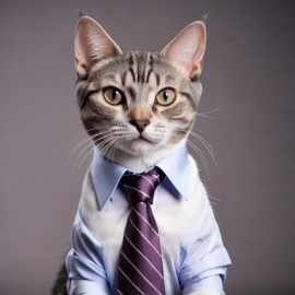 domestic shorthair cat in a stylish shirt and tie, with a diffused background, capturing their cute and professional side.