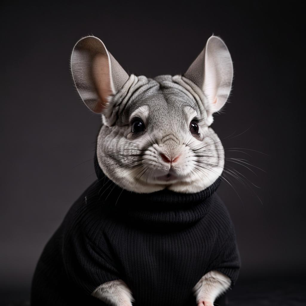 professional headshot of standard grey chinchilla wearing a black turtleneck for a cv or linkedin, studio photo.