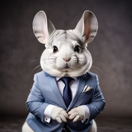 professional headshot of white chinchilla wearing a stylish suit for a cv or linkedin, studio photo.