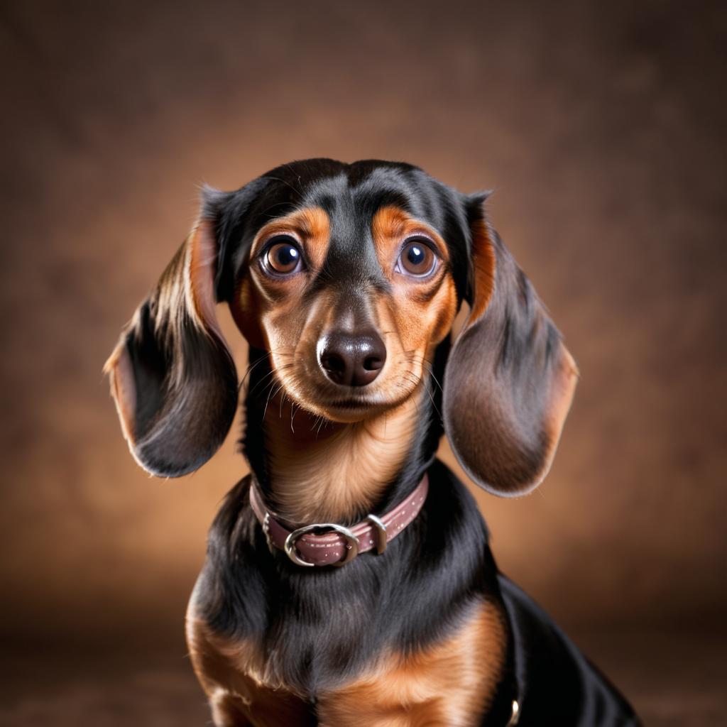 professional headshot of dachshund for a cv or linkedin, studio photo with diffused background.