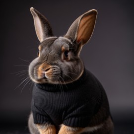 professional headshot of netherland dwarf rabbit wearing a black turtleneck for a cv or linkedin, studio photo.