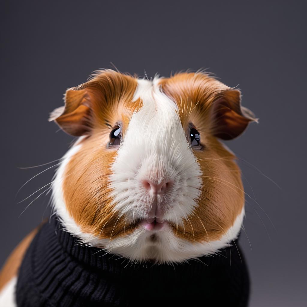 professional headshot of american guinea pig wearing a black turtleneck for a cv or linkedin, studio photo.