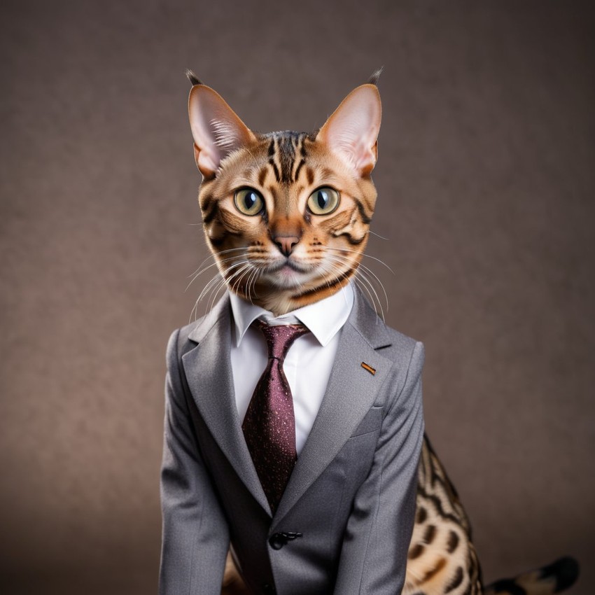 professional headshot of bengal cat wearing a stylish suit for a cv or linkedin, studio photo.