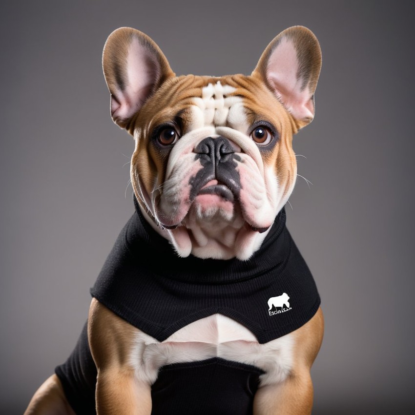 professional headshot of bulldog wearing a black turtleneck for a cv or linkedin, studio photo.