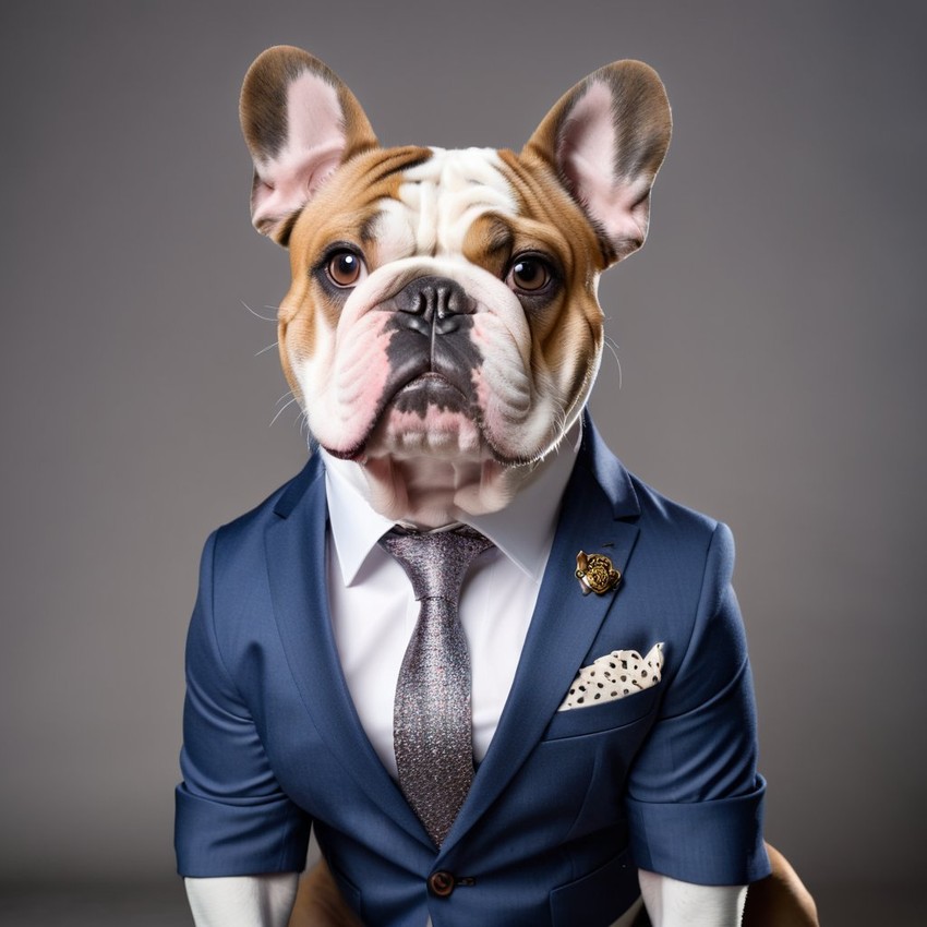 professional headshot of bulldog wearing a stylish suit for a cv or linkedin, studio photo.