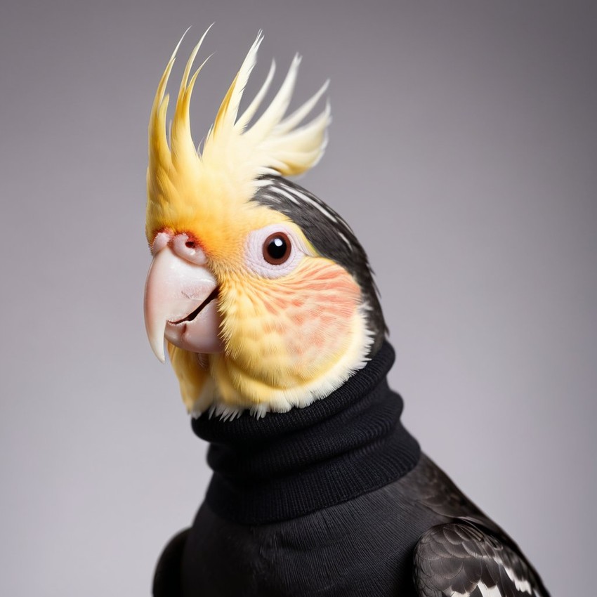 professional headshot of cockatiel bird wearing a black turtleneck for a cv or linkedin, studio photo.