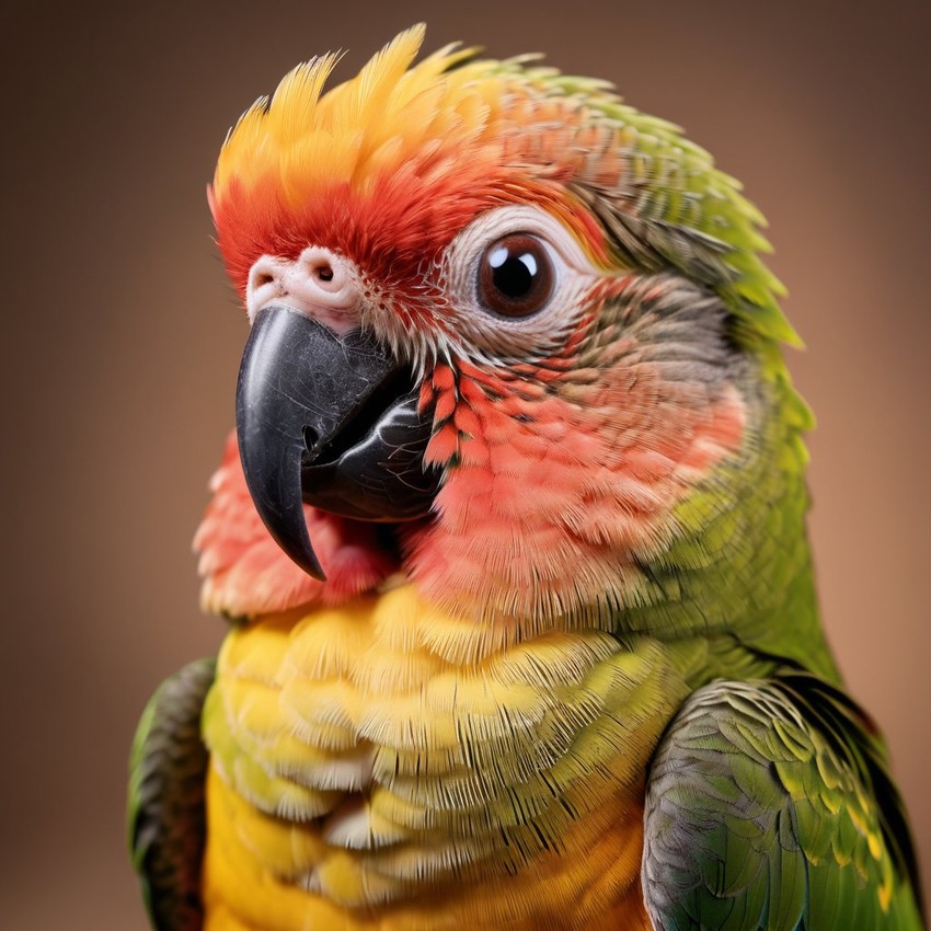 professional headshot of conure bird for a cv or linkedin, studio photo with diffused background.