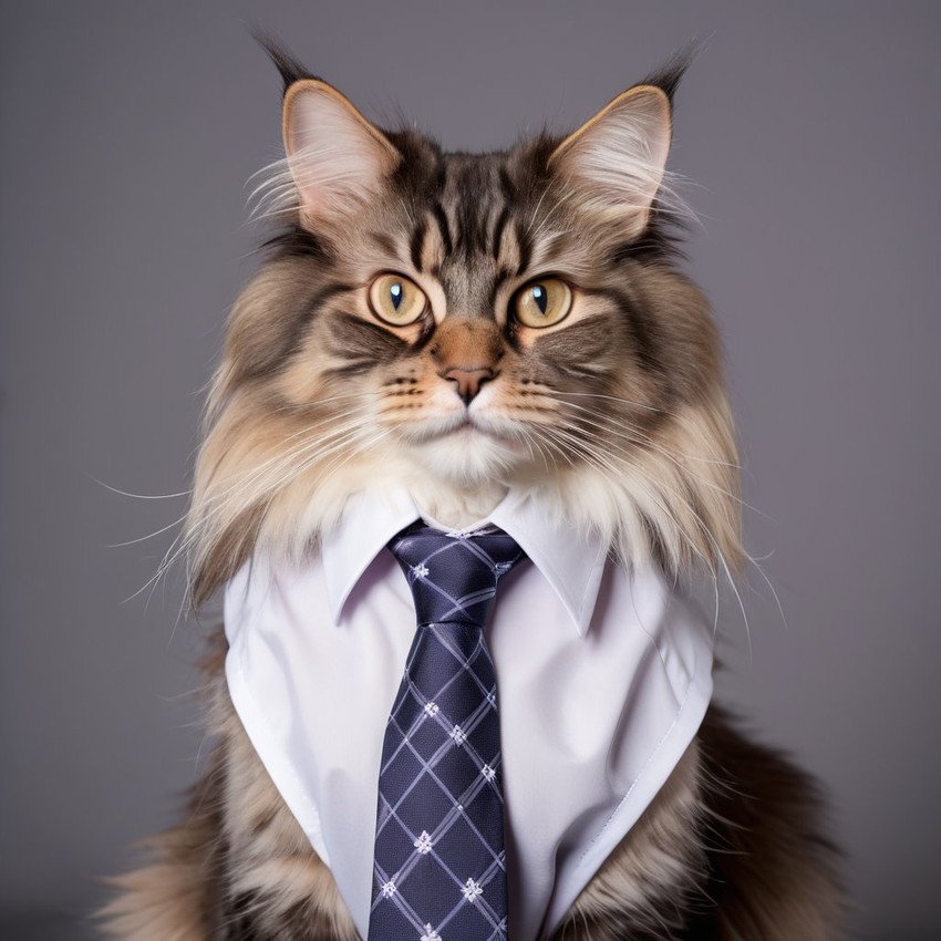 professional headshot of domestic longhair cat wearing a shirt and tie for a cv or linkedin, studio photo.