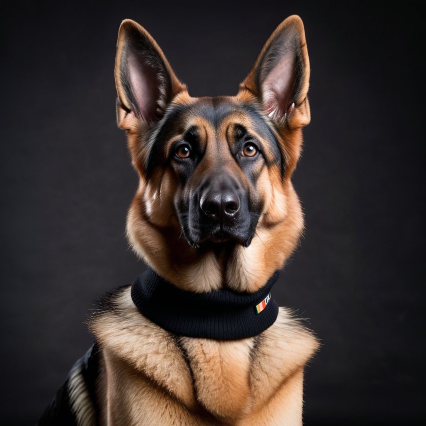 professional headshot of german shepherd wearing a black turtleneck for a cv or linkedin, studio photo.