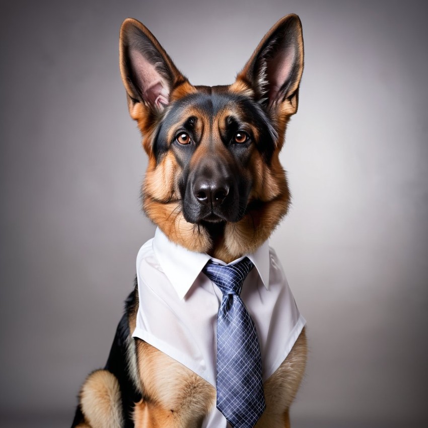 professional headshot of german shepherd wearing a shirt and tie for a cv or linkedin, studio photo.