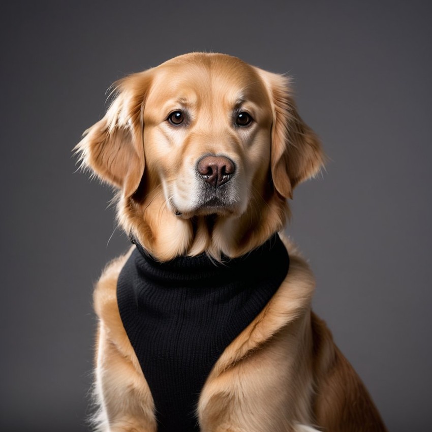 professional headshot of golden retriever wearing a black turtleneck for a cv or linkedin, studio photo.