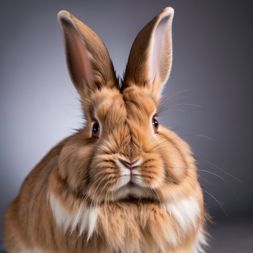 professional headshot of lionhead rabbit for a cv or linkedin, studio photo with diffused background.