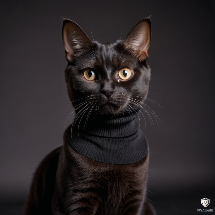 professional headshot of manx cat wearing a black turtleneck for a cv or linkedin, studio photo.