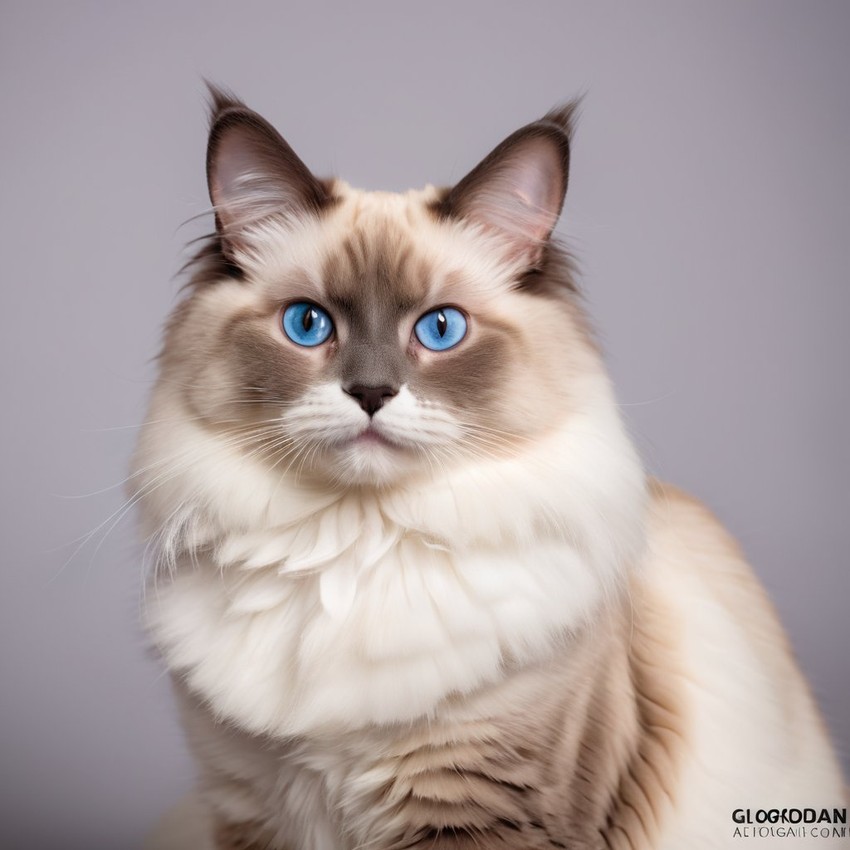 professional headshot of ragdoll cat for a cv or linkedin, studio photo with diffused background.