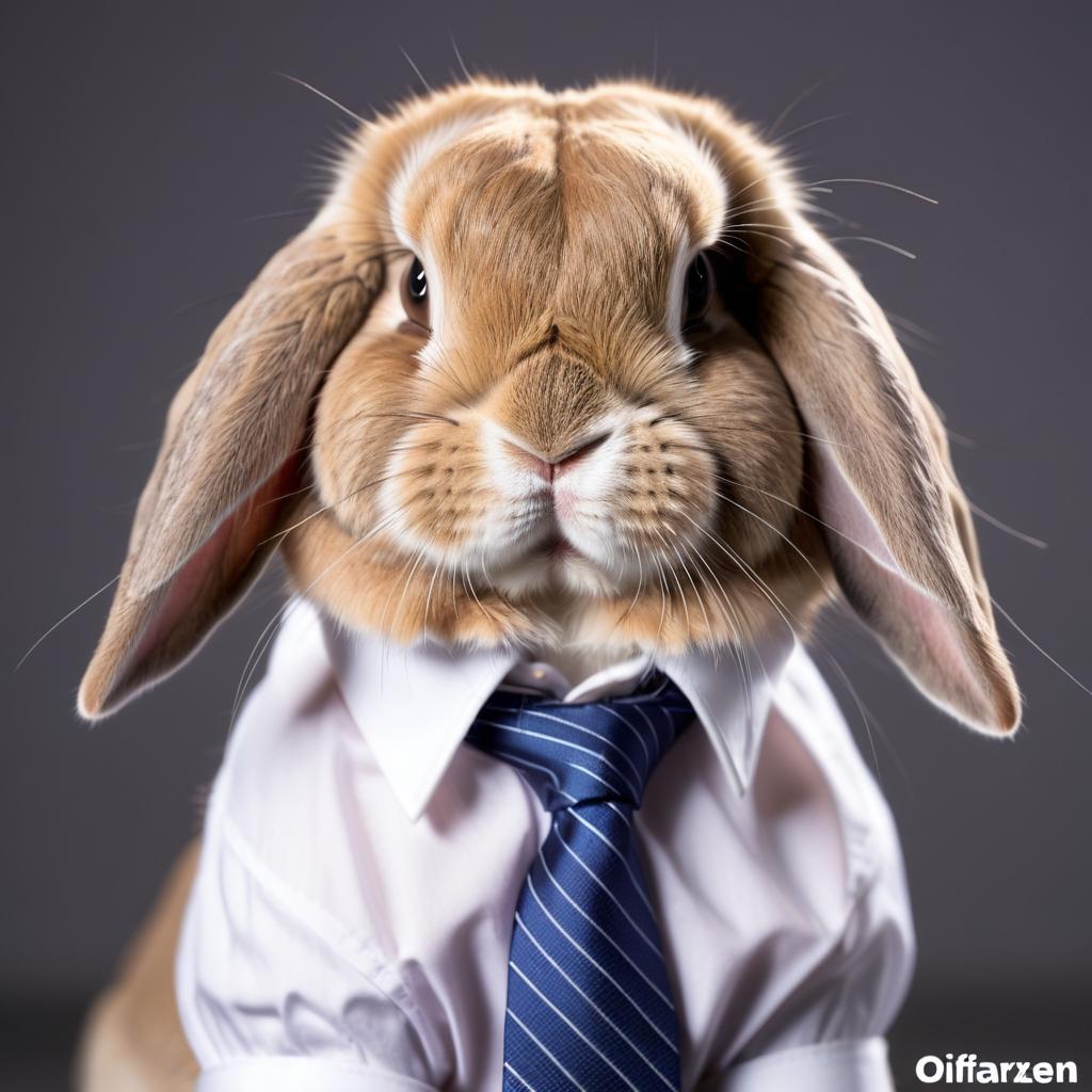 professional headshot of holland lop rabbit wearing a shirt and tie for a cv or linkedin, studio photo.