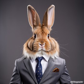 professional headshot of lionhead rabbit wearing a stylish suit for a cv or linkedin, studio photo.