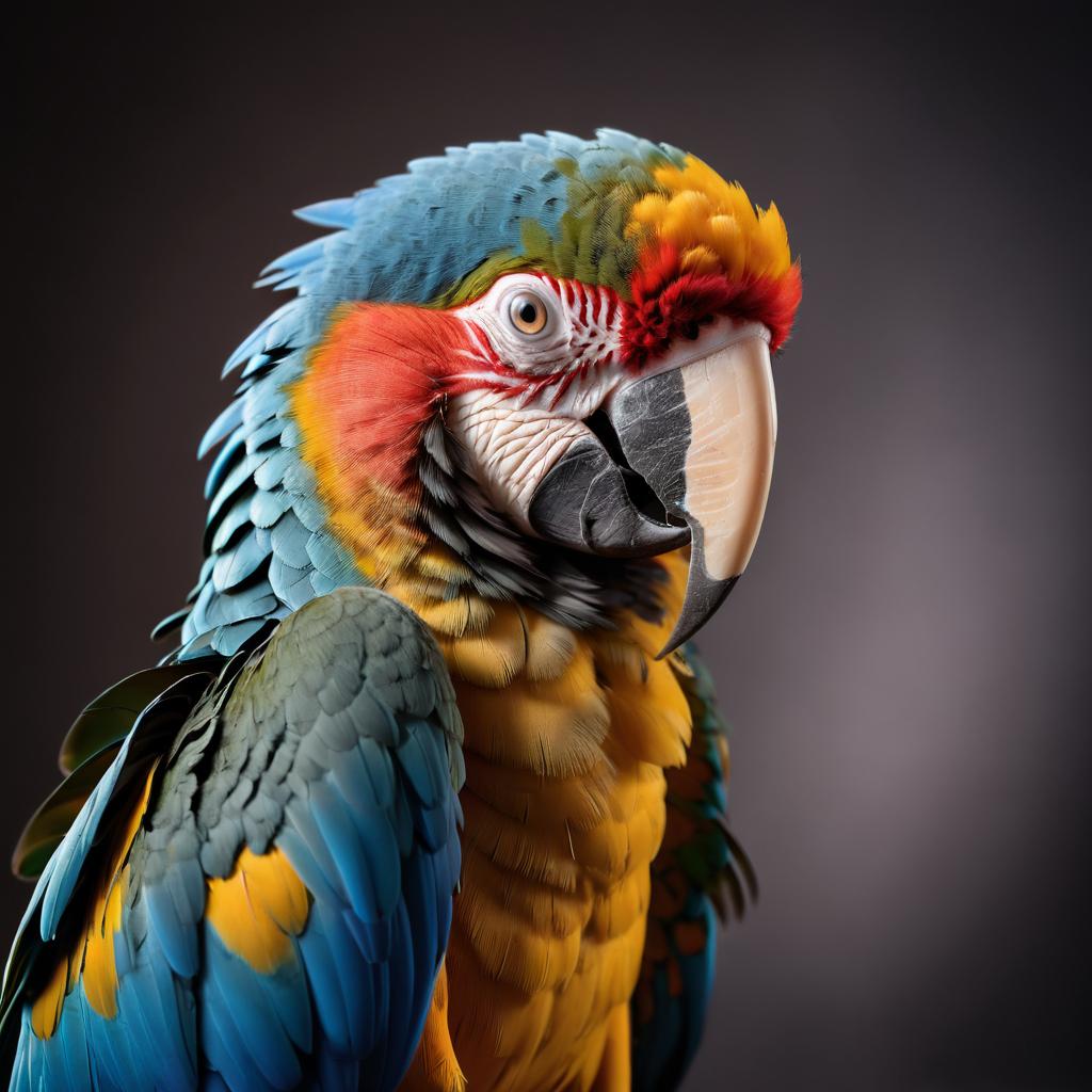 professional headshot of macaw bird for a cv or linkedin, studio photo with diffused background.