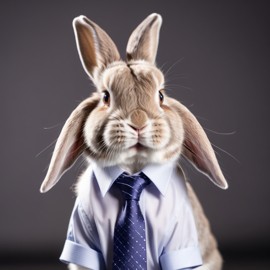 professional headshot of mini lop rabbit wearing a shirt and tie for a cv or linkedin, studio photo.