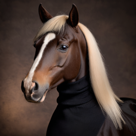 professional headshot of mustang horse wearing a black turtleneck for a cv or linkedin, studio photo.