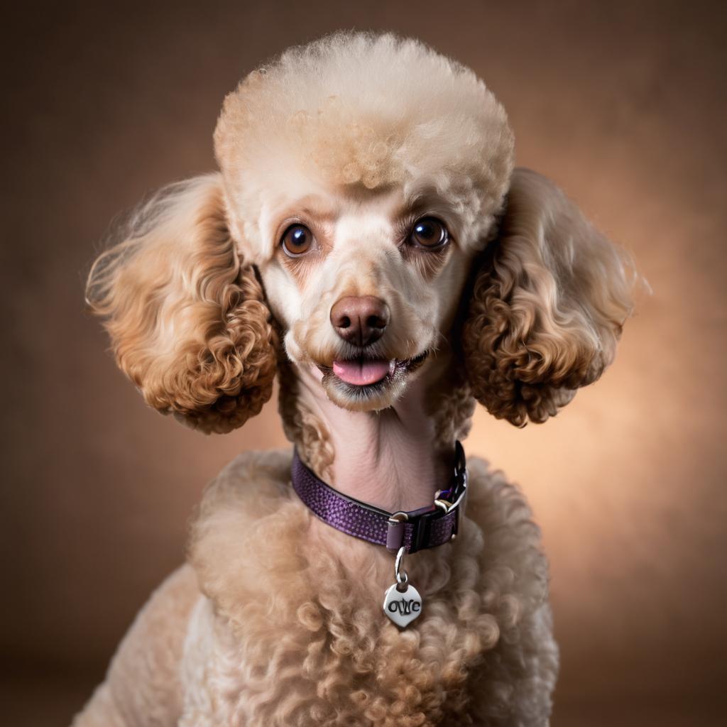 professional headshot of poodle for a cv or linkedin, studio photo with diffused background.