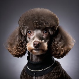 professional headshot of poodle wearing a black turtleneck for a cv or linkedin, studio photo.