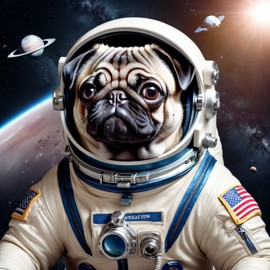 pug as astronaut in space, wearing spacesuit, highly detailed and lifelike.