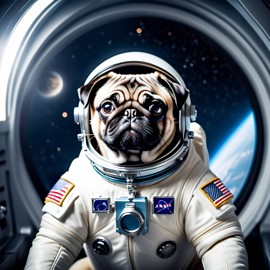 pug as astronaut in space, wearing spacesuit, with spacestation background.