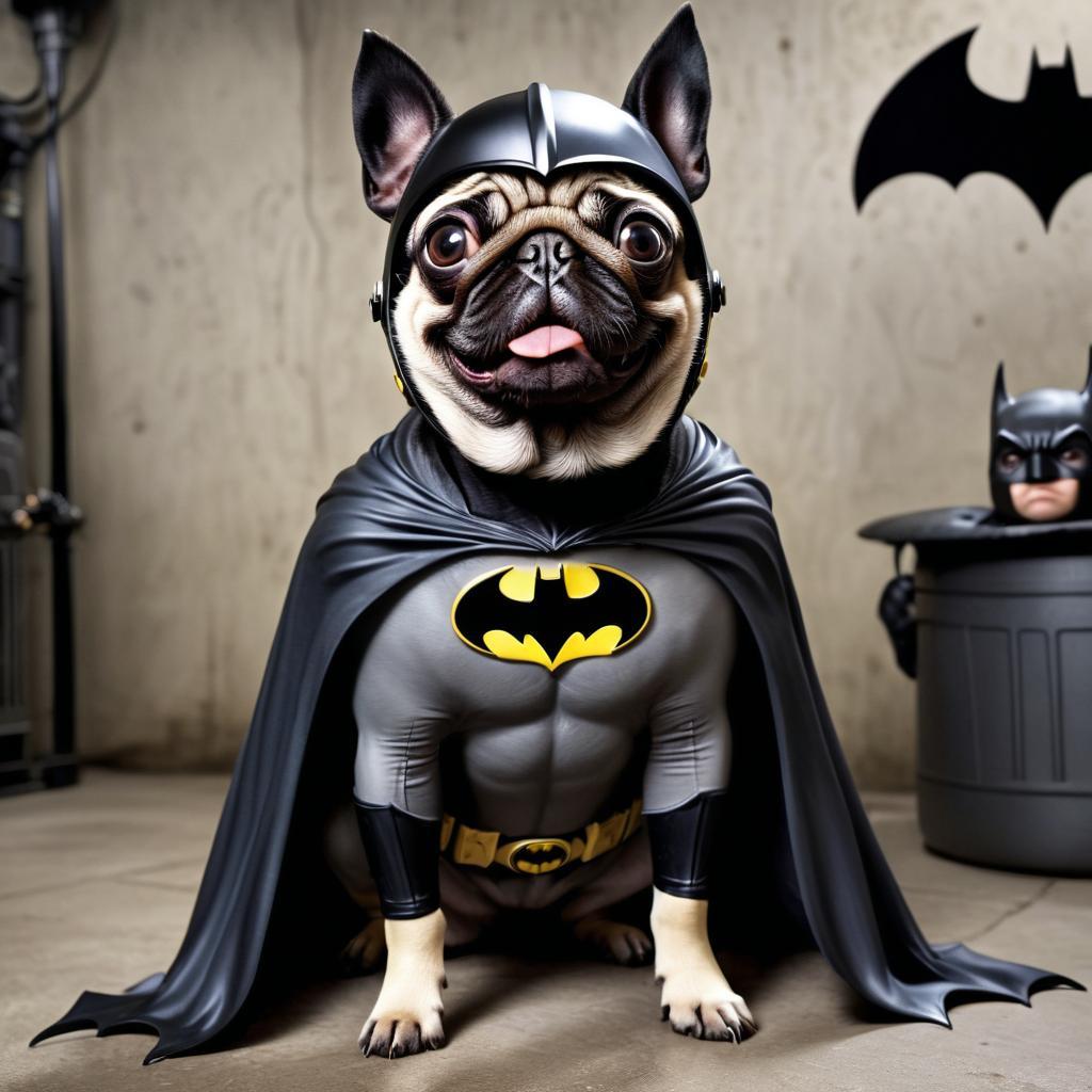 pug as batman in batcave, wearing batman suit and mask, highly detailed.