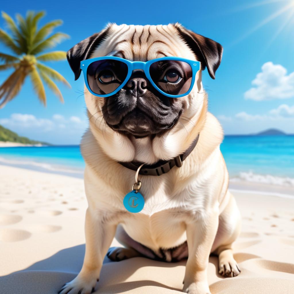 pug on a beautiful beach with white sand and blue sea, wearing sunglasses.