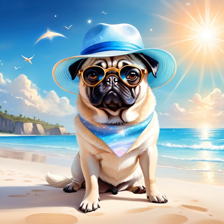 pug on a beach with white sand and blue sea, wearing sunglasses and summer hat.