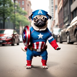 pug as captain america from avengers, in action, cute and happy.