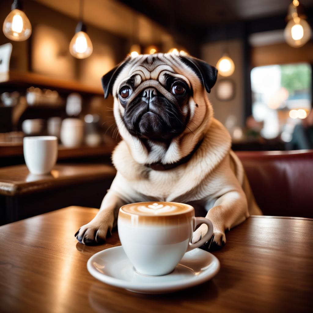 pug sitting in a cozy coffee shop with a cup of coffee, detailed and vibrant.