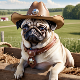 pug as a cowboy wearing a hat, in the midwest countryside, on a farm.