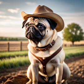 pug as a cowboy wearing a hat, in the midwest countryside, on a farm.