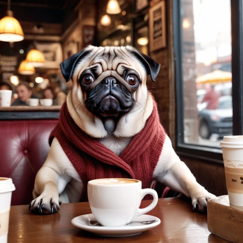 pug sitting in a cozy coffee shop, lifelike and detailed.