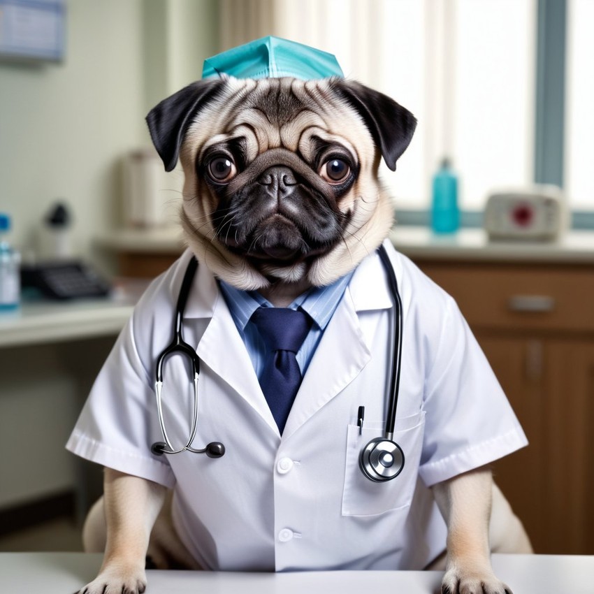 pug as a doctor with extreme detail in a studio setting, lifelike and high resolution.