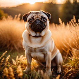 pug in golden hour light, highlighting their beauty in nature with a moody and detailed atmosphere.