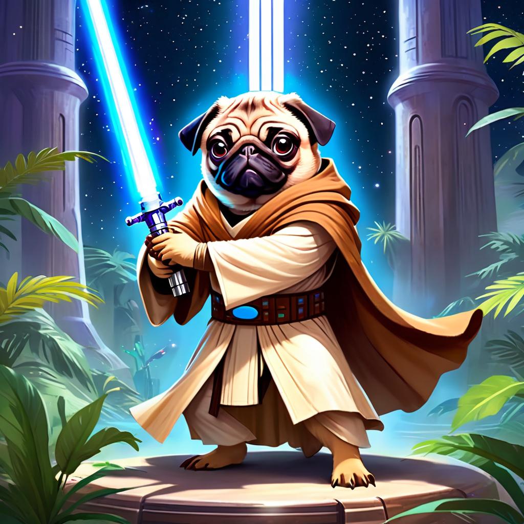 pug as a jedi knight, with a lightsaber and star wars backdrop in a celestial, painterly style.